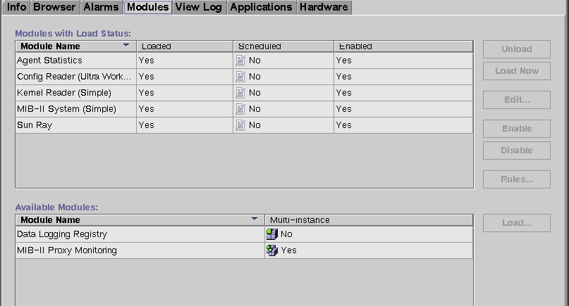 This SunMC panel lists modules by name and indicates whether each is loaded, scheduled, and enabled.