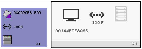 Sun Ray symbol, Ethernet address, double arrow next to 100H (connection speed), and an icon code 21