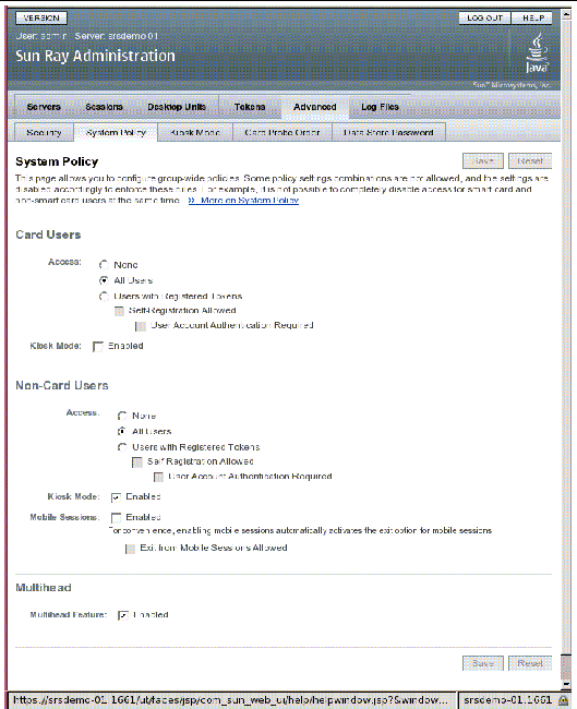 Admin GUI System Policy page with Multihead Feature check box