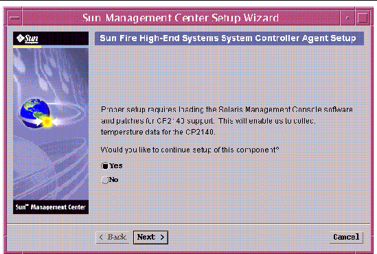 Screen capture of the Sun Fire High-End System Controller (CP 2140) Agent Setup panel. 