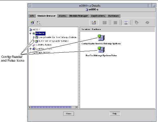 Screen capture of the Config-Reader and Rules icons in the Browser tab of the Details window. 