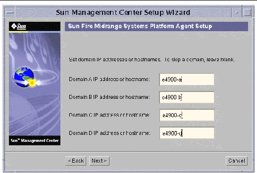 Screen capture of the Sun Management Center Setup Wizard, displaying the domain IP configuration panel. 