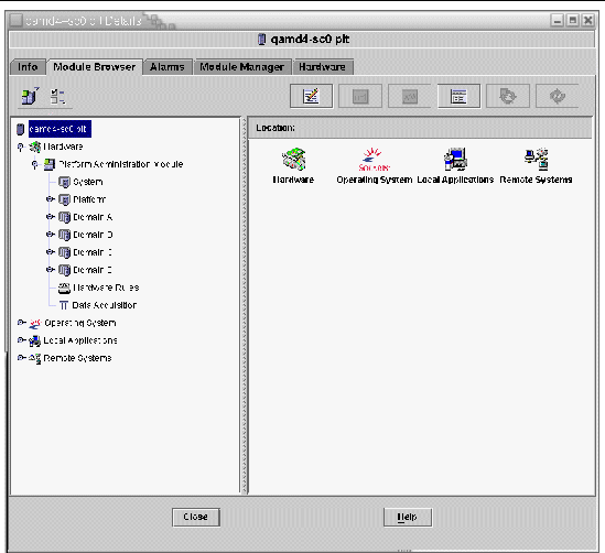 Screen capture of the main console window showing the Details view of a Sun Fire midrange platform with multiple hardware domains. 