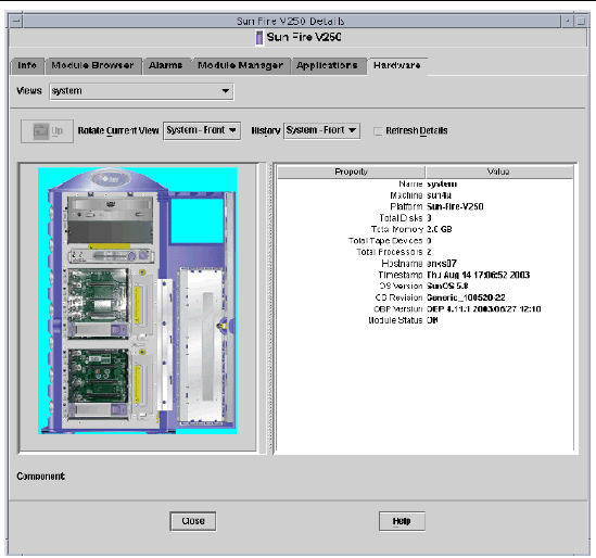 Screen capture showing the front Physical view for the Sun Fire V250.