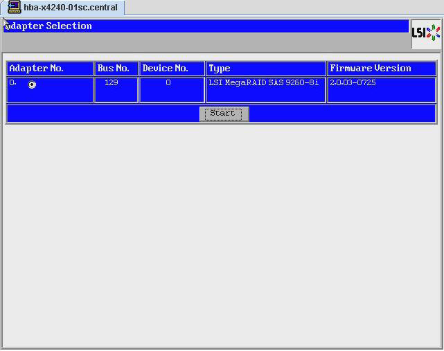 image:The graphic shows the Adapter Selection screen in the WebBIOS configuration utility.