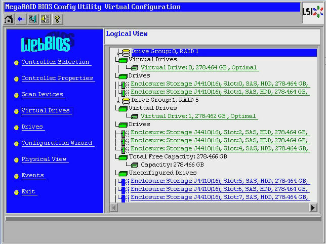 image:The graphic shows the Virtual Configuration screen in the WebBIOS configuration utility.