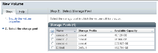 Screen capture of the available storage pools from which the volume can be created. 