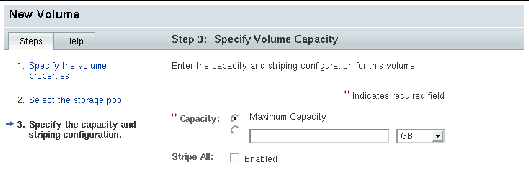Screen capture of the wizard page you use to specify the volume capacity and striping configuration. 