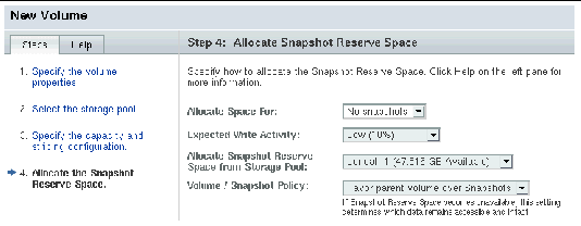Screen capture of the wizard page you use to specify how to allocate snapshot reserve space.