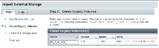 Screen capture of the wizard used to specify the name of the new legacy volume. 