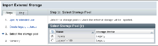 Screen capture of the wizard used to select the storage pool in which to export the external storage.