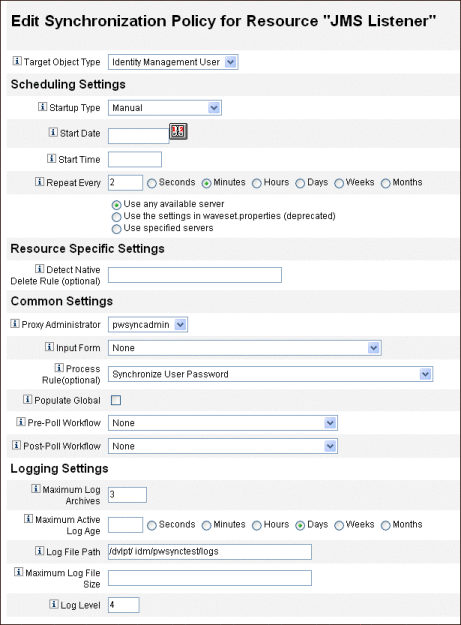 Figure showing the Edit Synchronization page for the
JMS Listener resource