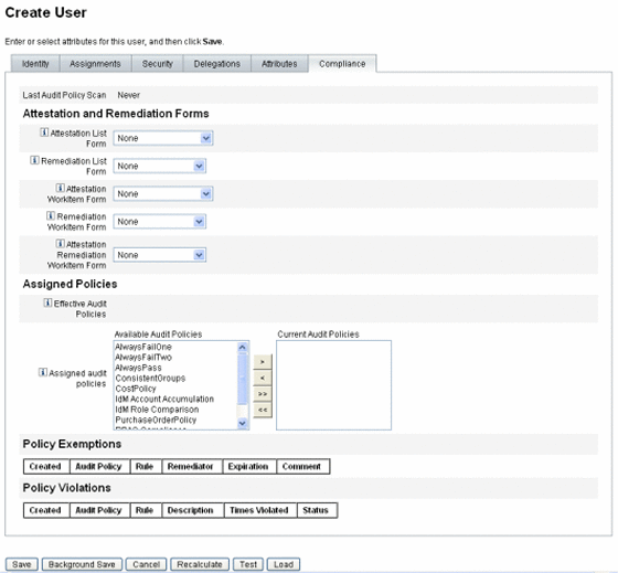 Figure illustrating the Compliance tab on the Create
User page.