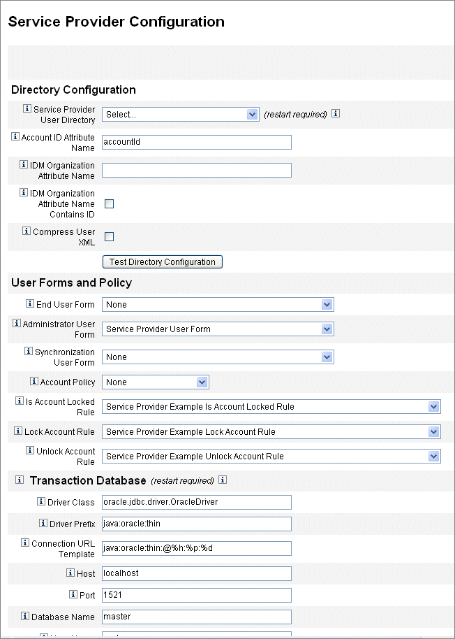 Figure showing the Service Provider Configuration page