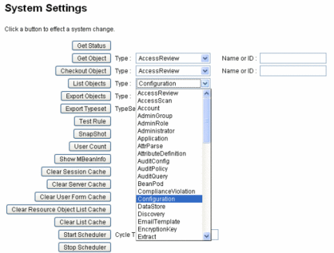 Graphic showing the List Objects Menu on the System Settings
page.