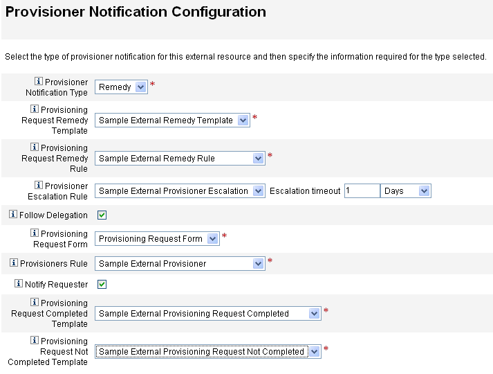 「Remedy」通知タイプの「Provisioner Notification」ページの例を示す図