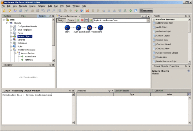 Identity Manager IDE のウィンドウおよびインタフェースを示す図。