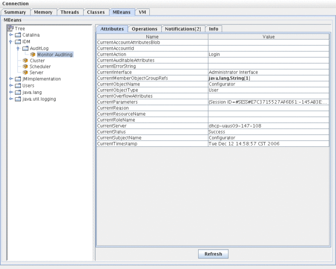 JConsole での MBean 属性の表示を示す図 