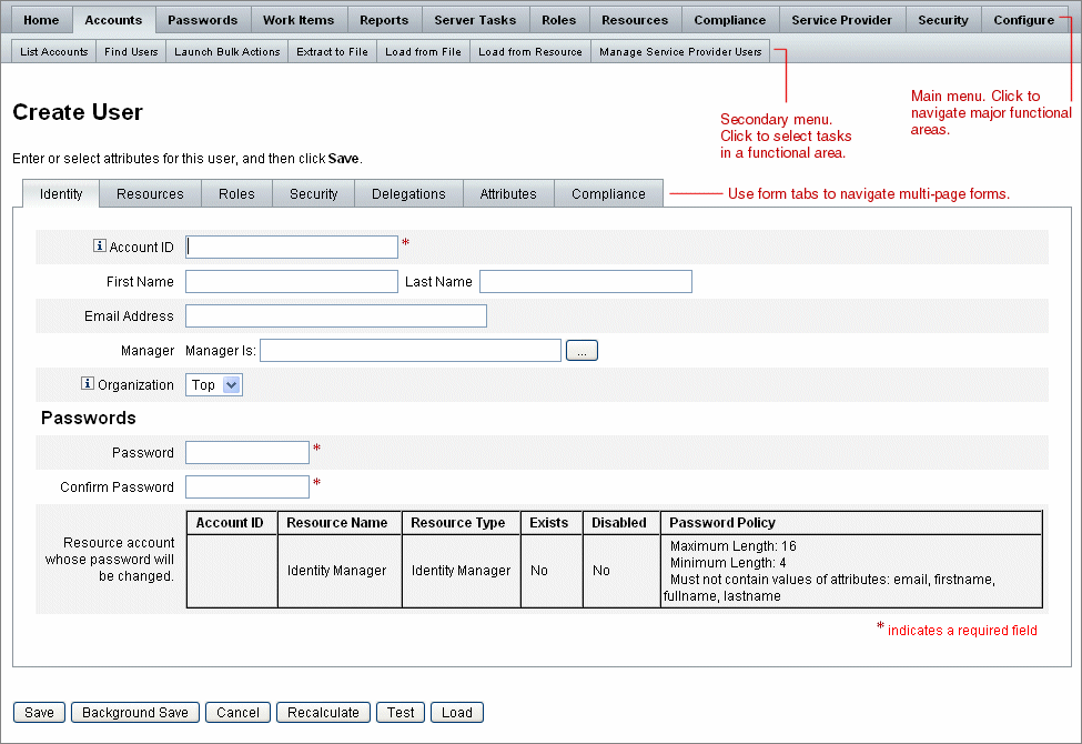 Identity Manager 管理者インタフェースのタブ付きフォームの使用方法を示す図。
