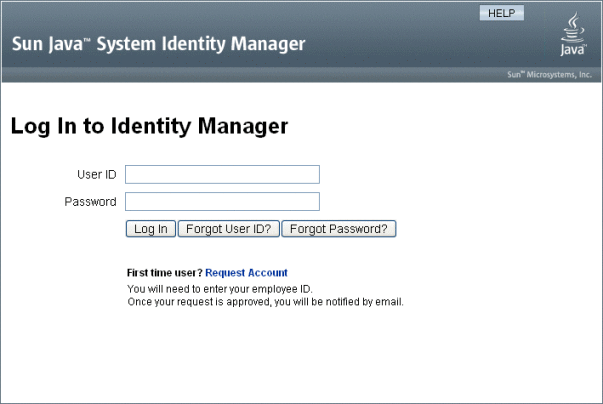 「アカウントのリクエスト」リンクの有効な Identity Manager ログイン画面を示す図