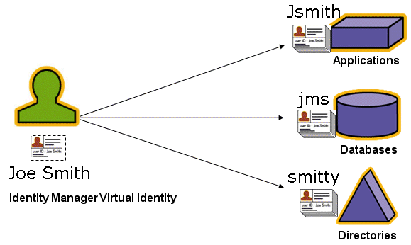 1 つの Identity Manager 仮想アイデンティティーの複数のリソースへのマッピングを示す図。