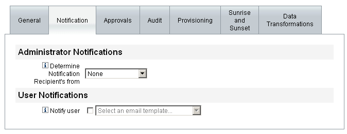 Figure showing the Notification tab for the Create User
Template.