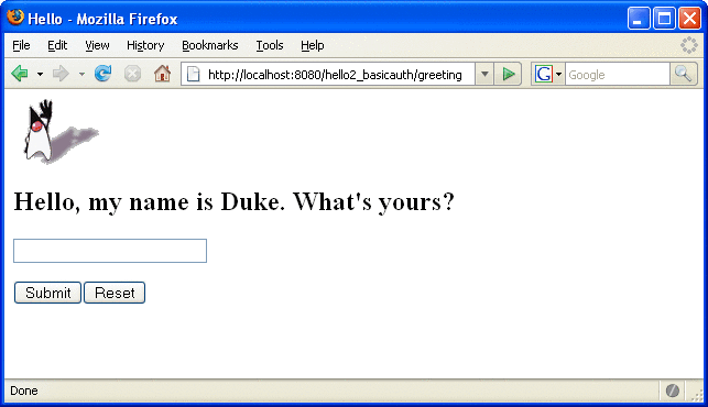 Screen shot of running basic authentication example showing
text field for user to type name