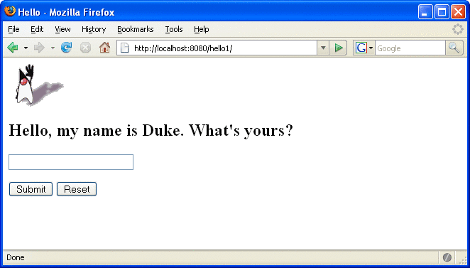 Screen capture of Duke's greeting, "Hello, my name is
Duke. What's yours?" Includes a text field for your name and Submit and Reset
buttons.