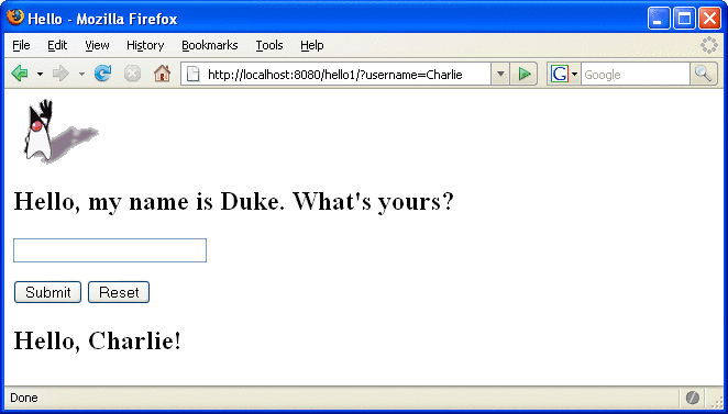 Screen capture of Duke's response, "Hello, Charlie!"