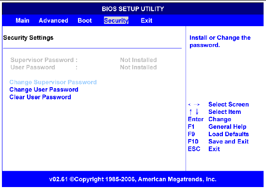 Figure showing BIOS Security Settings menu