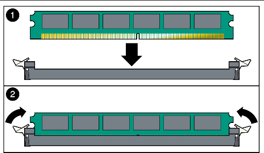 Figure showing how to install DIMM memory modules.