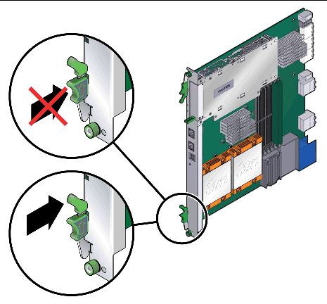 Graphic showing how to correctly engage the blade server latches.