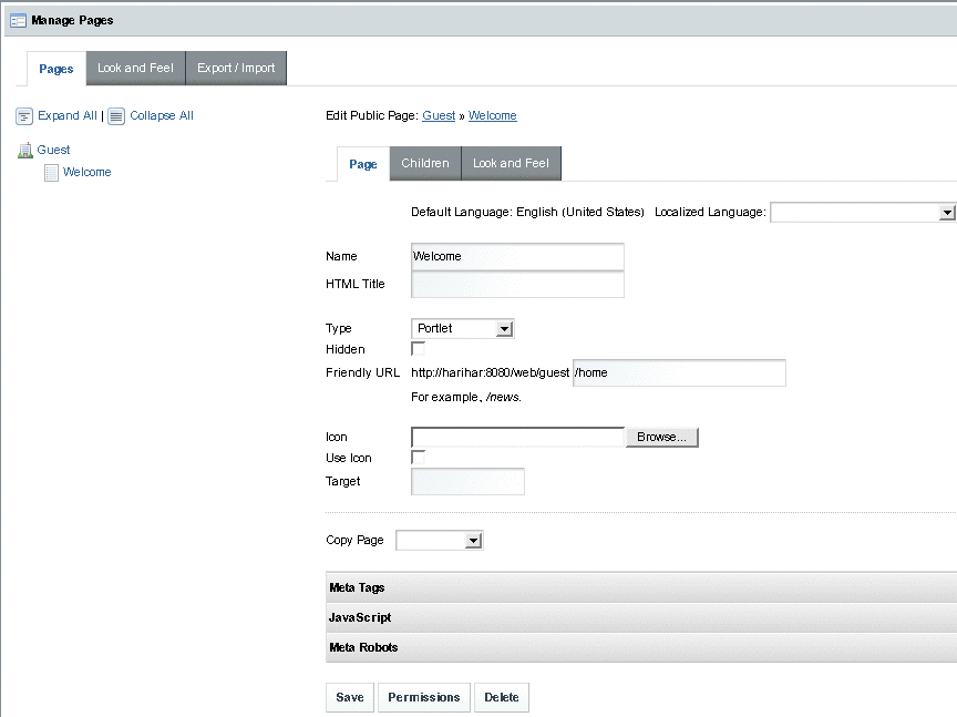 Manage Pages Page