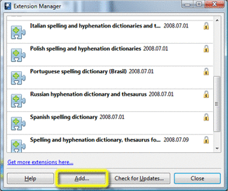 OpenOffice Extension Manager With Add Button Highlighted
