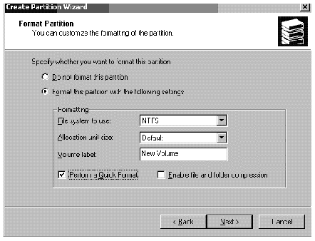 Screen capture showing the Create Partition Wizard window with partition formatting information specified.
