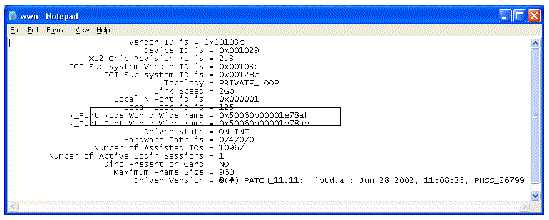 Screen capture showing the output of the fcmsutil command, including the HBA's worldwide name.