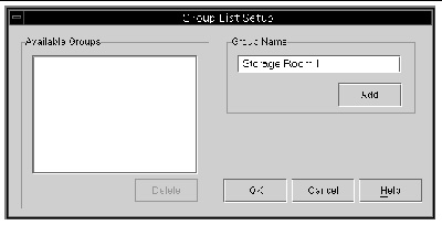Screen capture of the Group List Setup window showing Available Groups and Group Name.