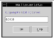 Screen capture of the Mail Server Setup window showing the Outgoing Mail (SMTF) Server address.