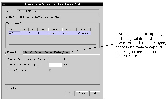 Screen capture showing the Dynamically Grow and/or Reconfigure LDs/LVs window with the Expand LD/LV tab displayed.