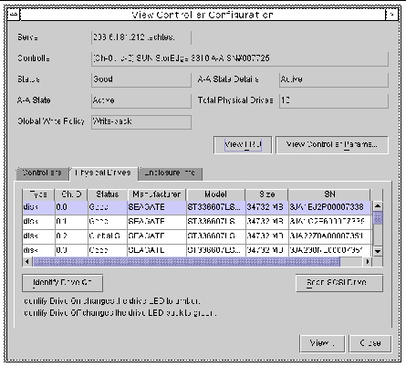 Screen capture showing the View Controller Configuration window with the Physical Drives tab displayed.