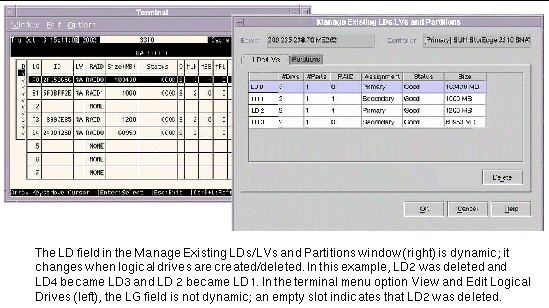 Screen capture showing the difference between what the program and the terminal menu option displays when a logical drive is deleted.