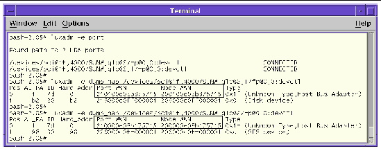 Screen capture showing the luxadm -e port and luxadm -e dump_map commands used to display Fibre Channel device WWNs.