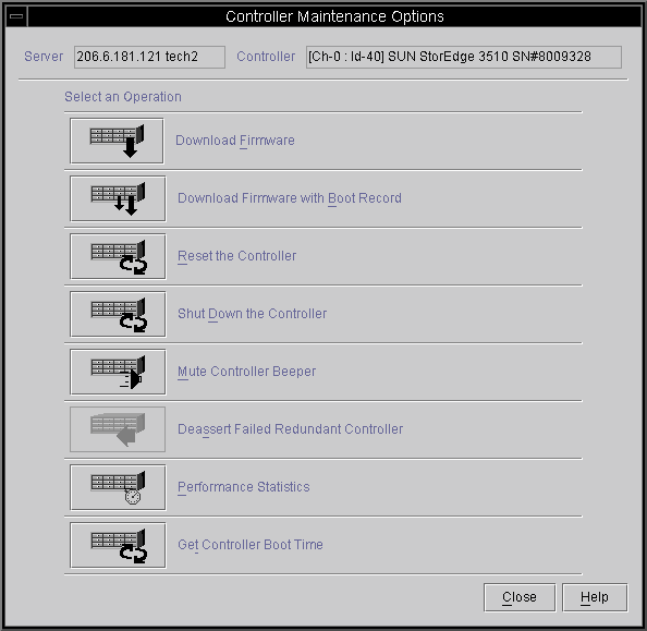 Screen capture showing the Controller Maintenance Options window.