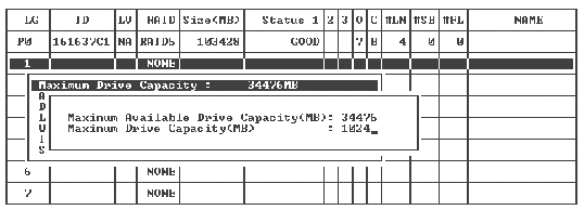 Screen capture shows a logical drive with Maximum Available Drive Capacity of 34476 Mbyte and Maximum Drive Capacity configured to 20000 Mbyte.