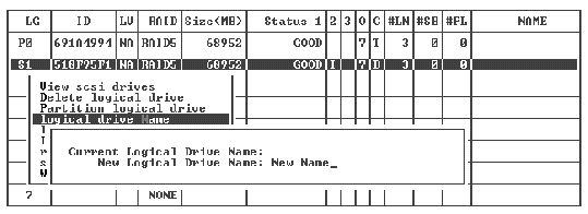 Screen capture shows "Logical Drive name:" prompt displayed and "New Name" entered in the New Logical Drive Name field.