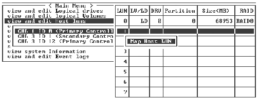 Screen capture shows two mapping options with "Map Host LUN" selected.