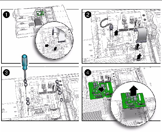 Figure showing how to remove the power distribution board (Sun Fire X4270 M2 Server).