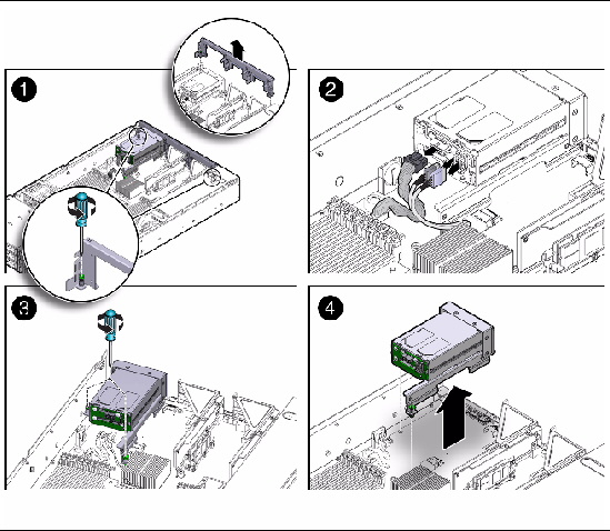 Figure showing how to remove the rear-mounted boot disk drive cage from the Sun Fire X4270 M2 Server.