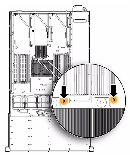 Figure showing the location of the CPU fault LEDs.