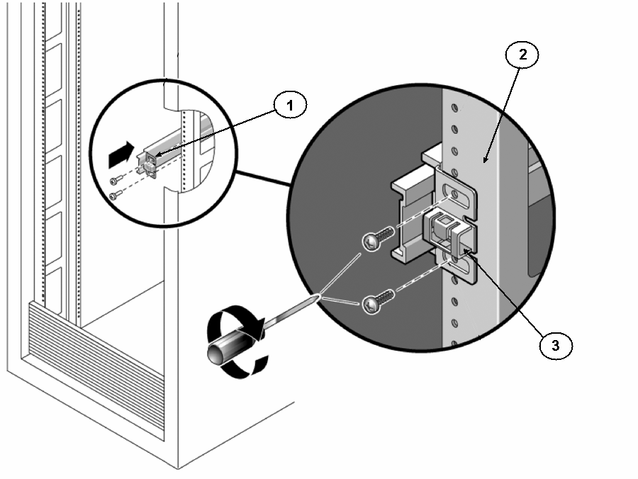 image:Graphic showing the mounting bracket being aligned with the rack post.
